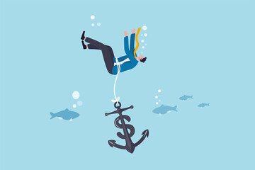 Sunk cost investment problem, cost that already been incurred and effect investing decision, psychology or money loss aversion concept, businessman investor drowning with sinking dollar money anchor.