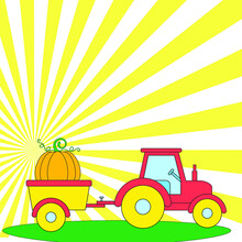 Farm Tractor With Cart And The Pumpkin