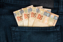 Finance Concept. Brazilian Fifty Reais Banknotes In The Pocket Of Jeans