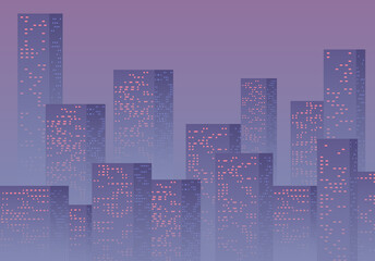 Wall Mural - Violet sunset over the business city with skyscrapers. Purple highrise cityscape background in 80s style with sun reflections in the windows