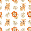 Watercolor seamless pattern with lion cub, tiger cub and monstera.