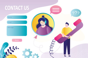 Wall Mural - operator in headphones communicates with client on various issues. contact us form template. woman f