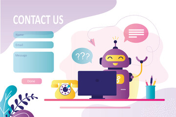 Wall Mural - robot operator communicates with clients on various issues. contact us form template. chatbot, suppo