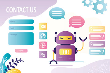 Wall Mural - robot operator communicates with clients on various issues. contact us form, template. chat bot, sup