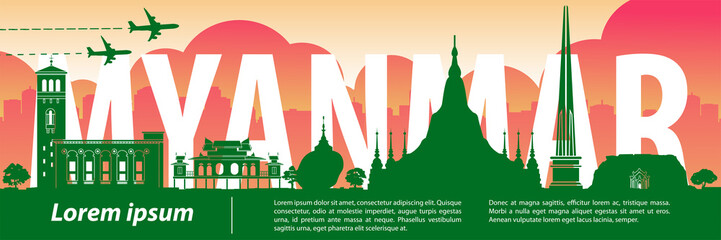 Wall Mural - myanmar top famous landmarks silhouette style,travel and tourism,vector illustration