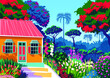 Caribbean landscape with bungalow, flowers, palms and trees in the background. Handmade drawing vector illustration.