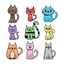 Set Of Various Cats Of Different Shapes, Sizes And Colors