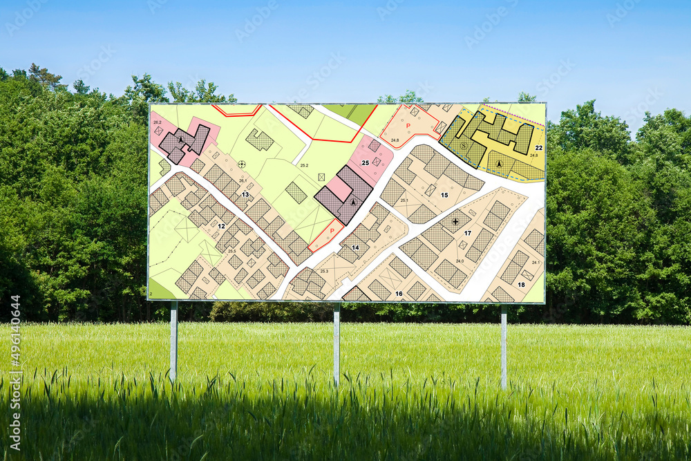 Advertising billboard with an imaginary General Urban Plan with ...