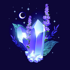 beautiful violet crystals drawing. hand drawn magical vector illustration of crystal gem.