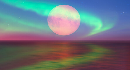 Wall Mural - northern lights - aurora borealis in the sky with full red moon (lunar eclipse) on the foreground ca