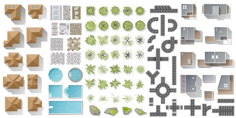 Wall Mural - architectural and landscape elements top view for town, village. collection of houses, plants, garde