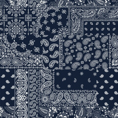 Wall Mural - blue bandana kerchief paisley fabric patchwork abstract vector seamless pattern