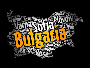 Wall Mural - List of cities and towns in Bulgaria, map word cloud collage, business and travel concept background