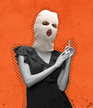 Contemporary Art Collage. Stylish Brutal Woman In Black Dress And White Balaclava Isolated Over Orange Background. Stylish Robbery