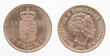 Denmark - circa 1976 : a 5 Krone coin of Denmark showing the coat of arms of Denmark and a portrait of Margrethe II of Denmark on the occasion of the accession to the throne