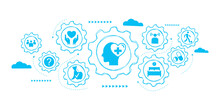 Mental Health Concept With Icon Banner 8 Tips For Good Mental Health, Enough Sleep, Eating Well, Be Sociable, Drug  Manage Stress, Activity And Exercise In Gears On Blue Background Vector Design.