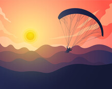 Paragliding Silhouette With Landscape Background Of Mountains And Sunset Vector Illustration