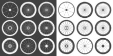 Black And White Bicycle Wheel Symbols Collection. Bike Rubber Tyre Silhouettes. Fitness Cycle, Road And Mountain Bike. Vector Illustration