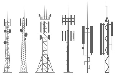 Transmission cellular towers silhouette. Mobile and radio communications towers with antennas for wireless connections. Outline vector illustrations set