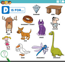 Letter D Words Educational Set With Cartoon Characters