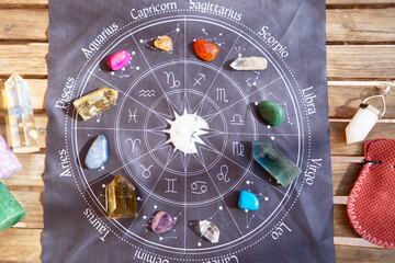 healing crystals on brown background