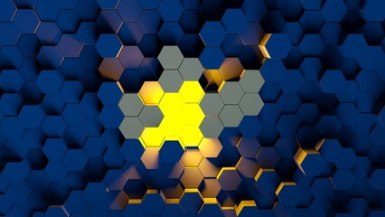 Digital generated technology hexagon background.Glossy textured blue hexagons with yellow glow.Modern futuristic background 3d illustration. Pattern hexagon background abstract and geometric wallpaper
