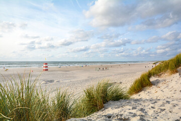 view to beautiful landscape with beach and sand dunes near henne strand, north sea coast landscape j