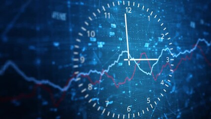 Wall Mural - business network graphs data with analog clock time animation.