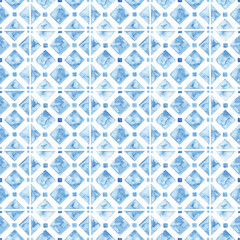 Wall Mural - Seamless watercolor pattern. Square vintage tile. Blue and white ornament painted with paint on paper. Handmade. Print for textiles. Set grunge texture.