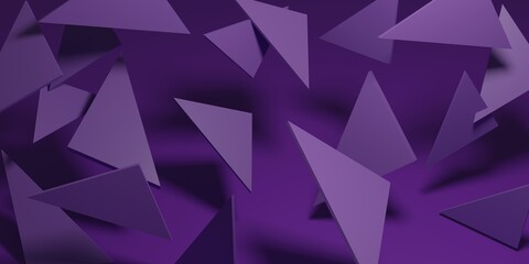 Abstract flying purple triangles pattern luxury dark background. Modern trendy horizontal banner, poster, header template. Realistic 3D rendering illustration.