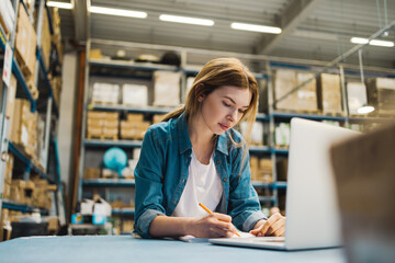 Wall Mural - Woman using laptop at warehouse
