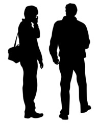 Wall Mural - Young people in fashionable clothes on the street. Isolated silhouettes on white background