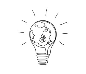 Fototapete - Planet earth with lightbulb in one continuous line drawing. Concept of Eco innovation and green energy and global solution with electricity in thin linear style. Editable stroke. Vector illustration