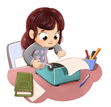 Illustration Of A Girl Typing On A Typewriter