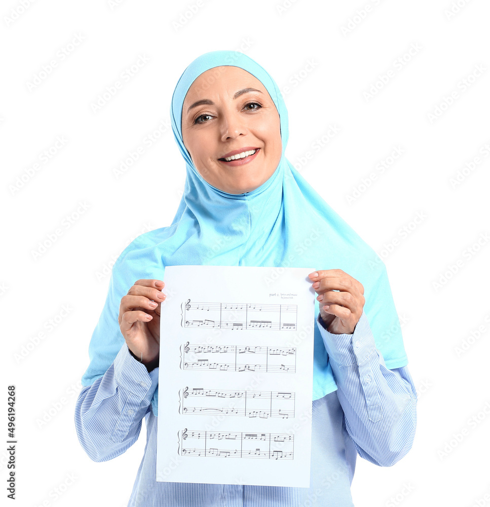 Muslim music teacher with note sheet on white background