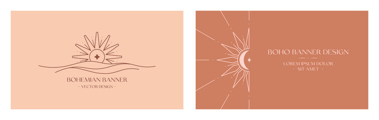 Wall Mural - Vector linear boho emblems.Bohemian logo designs with sea,crescent moon,star,sun and sunburst.Modern celestial icons or symbols in trendy minimalist style.Branding design,website banner templates.