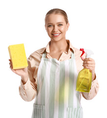 Canvas Print - Young woman with sponge and detergent on white background