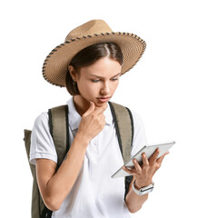 Wall Mural - Female tourist with tablet on white background