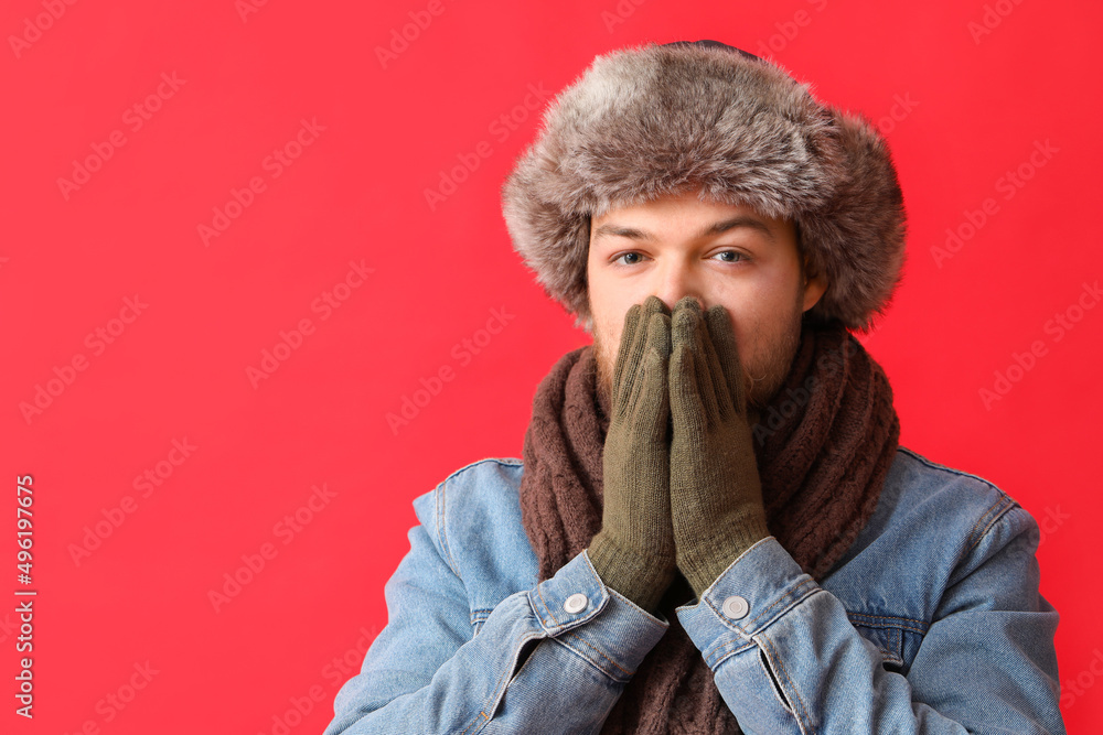 Young bearded man in warm gloves and hat on red background