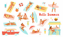 Set of people enjoying summer vacation on the beach. Vector illustration of men and women sunbathing and surfing. Tiki bar with tropical drinks. Trendy retro style.