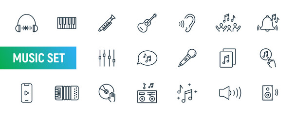 Music line icon set. Music DJ radio speaker. Icons sound microphone music note, song guitar jazz voice thin icon set