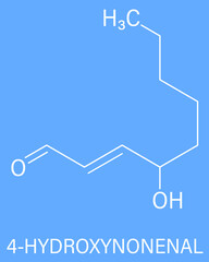 Sticker - 4-Hydroxynonenal (HNE) molecule. Metabolite produced by lipid peroxidation of polyunsaturated omega-6 fatty acids. Skeletal formula.