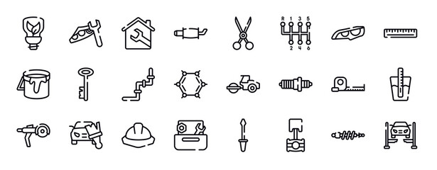 Wall Mural - car repair thin line icons collection. car repair editable outline icons set. headlights, school ruler, open paint bucket, antique key, junction, benzene stock vector.