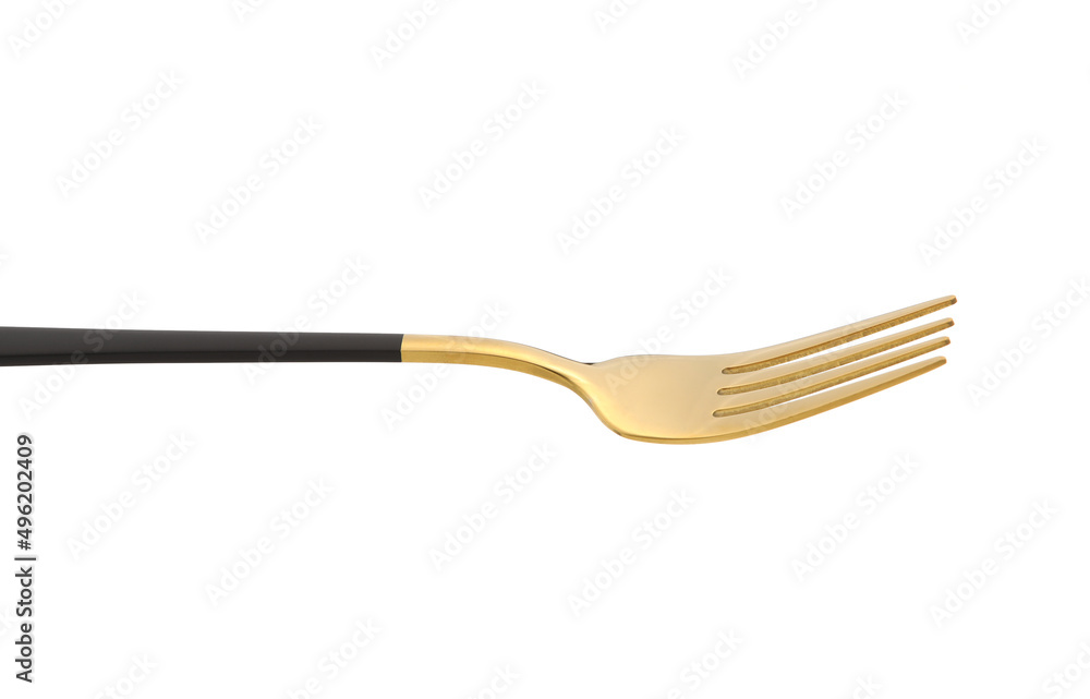Stylish stainless steel fork on white background