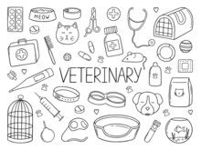 Hand Drawn Set Of Pets Veterinary Doodle. Supplies And Accessories For Dogs And Cats In Sketch Style: Bowl, Toys, Collar, Food, Kennel. Vector Illustration Isolated On White Background.