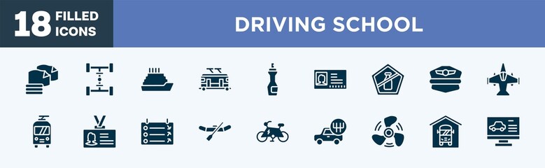 Wall Mural - set of driving school icons in filled style. driving school editable glyph icons collection. microfiber, 4wd, ferry, trolley car, insect repellent vector.