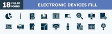 Set Of Electronic Devices Fill Icons In Filled Style. Electronic Devices Fill Editable Glyph Icons Collection. Pie Charts, Pencil, Html Document, On Button, Ui De Vector.