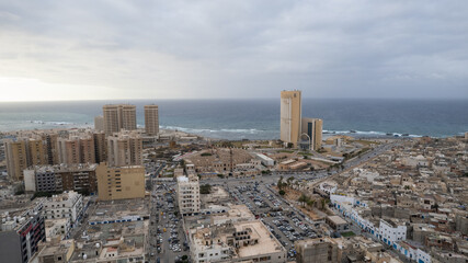 December 30, 2021: Capital of Libya, Tripoli seafront skyline view.