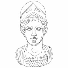 Outline vector illustration of portrait of Athena. Black and white line art  of antique sculpture