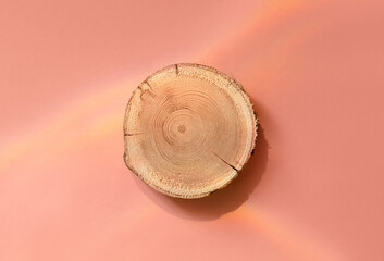 Woodcut lying on a trendy pink background. A wooden platform for luxury and natural cosmetics or products presentation. Wooden tray mockup in the sunlight. Top view